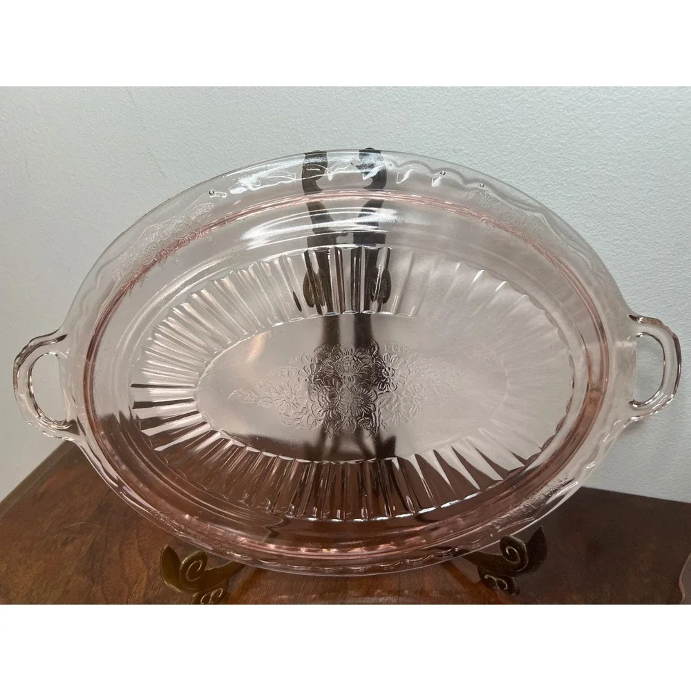 Pink Depression Glass Floral Etching Tray and Platter Set Vintage Serving Plates